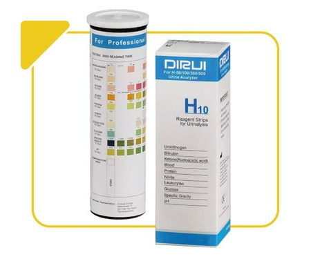 DIRUI H10 URINE STRIP (100 szt.) - Paski do badania moczu - 10 parametrów: urobilinogen, bilirubina, ketony (kwas acetylooctowy), krew, białko, azotyny, leukocyty, glukoza, ciężar właściwy, pH.